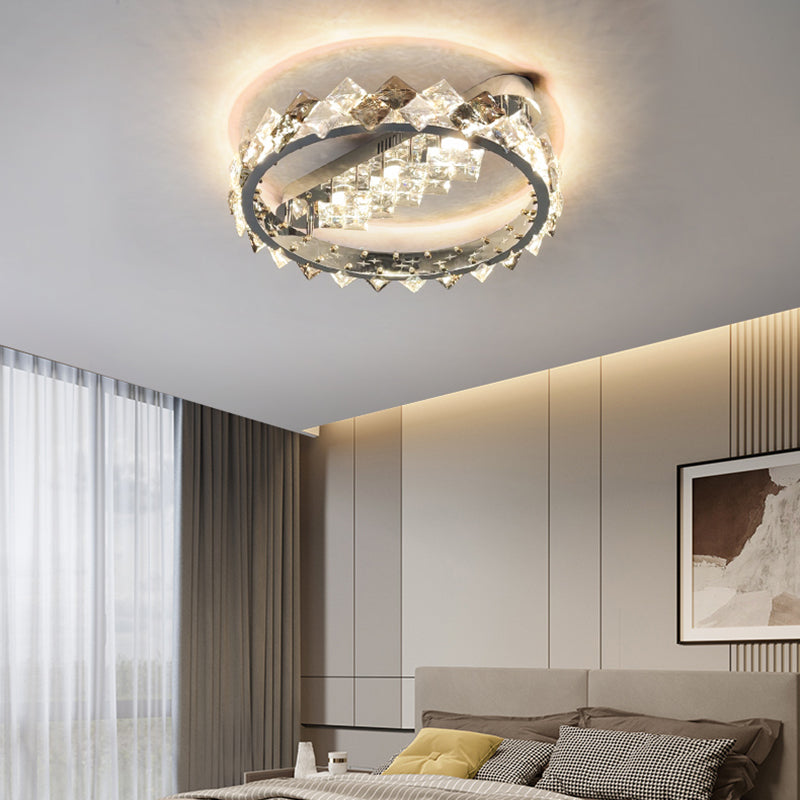 Modern Circular Flush Light Fixture Crystal 1 Light Flushmount Lighting in Grey
