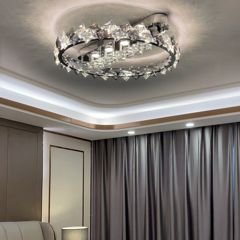 Modern Circular Flush Light Fixture Crystal 1 Light Flushmount Lighting in Grey