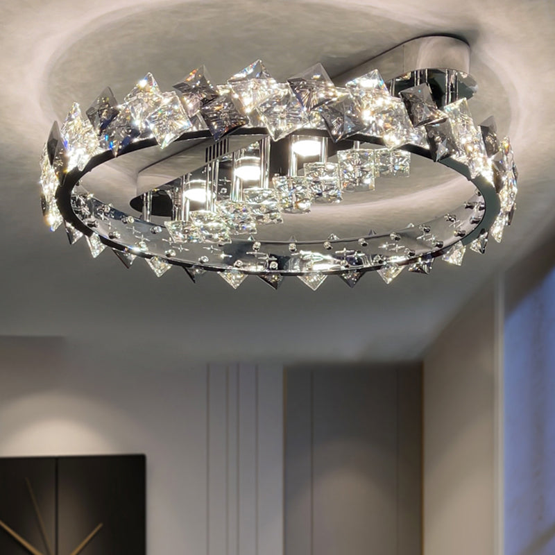 Modern Circular Flush Light Fixture Crystal 1 Light Flushmount Lighting in Grey