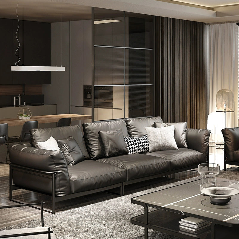 Genuine Leather Classic Industrial Sofa 33.46"High Square Arm Sofa & Bolster Pillows