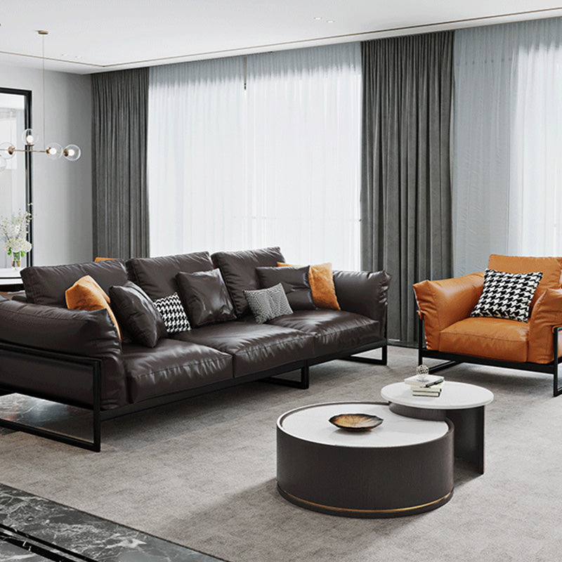 Sof industriel classique en cuir authentique 33,46 "High Square ARM SOFA & BOLSTER OREILLERS