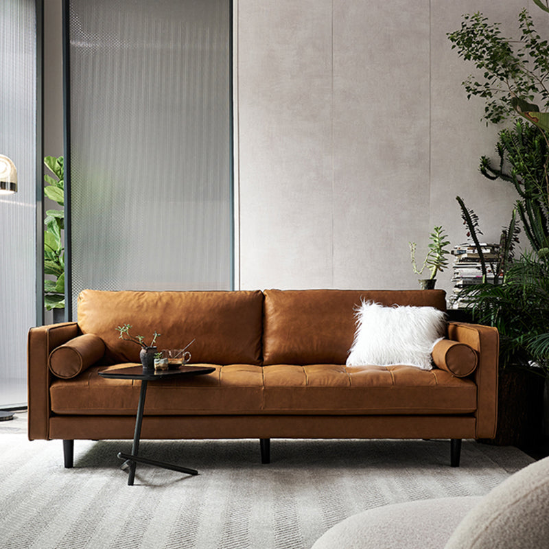 American Traditional Genuine Leather Cushions Sofa 33.46"High Square Arm Sofa,Dark Brown