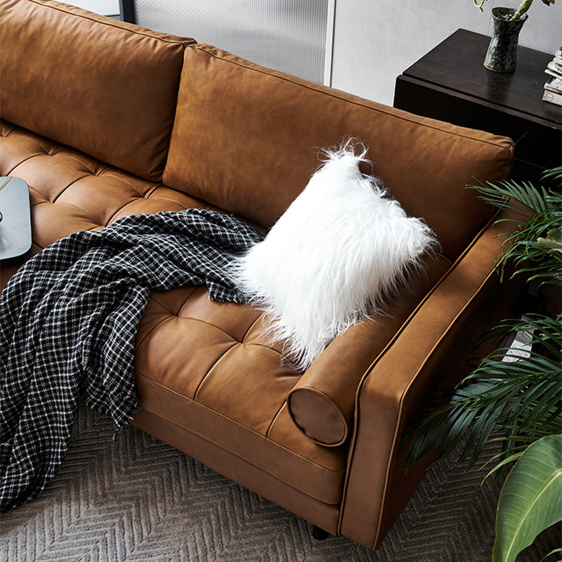 American Traditional Genuine Leather Cushions Sofa 33.46"High Square Arm Sofa,Dark Brown