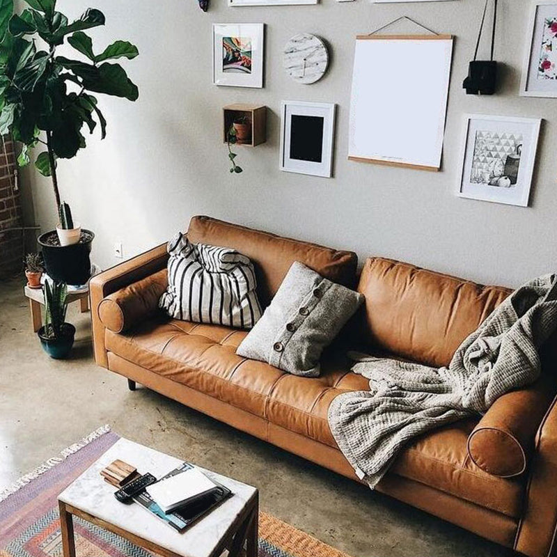 American Traditional Genuine Leather Cushions Sofa 33.46"High Square Arm Sofa,Dark Brown