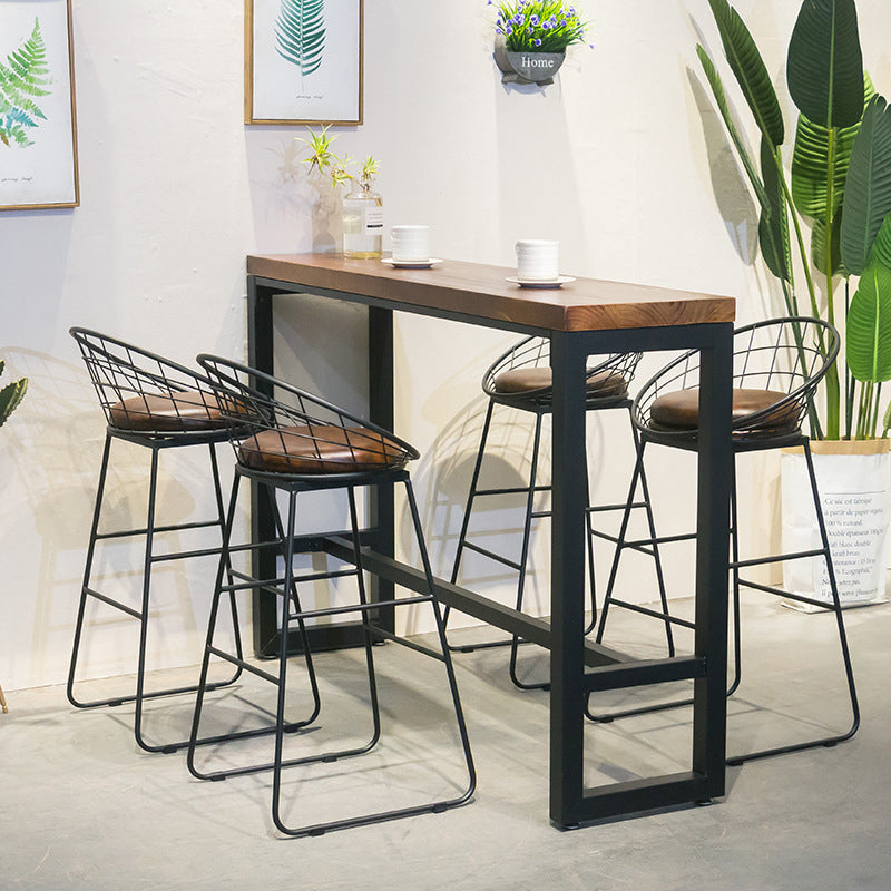 Brown Modern Style Bar Table Solid Wood and Iron with Footrest Coffee Shop Table
