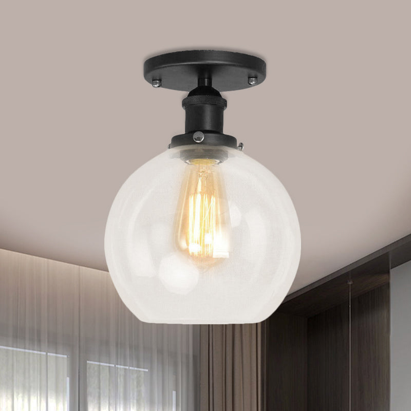 Plafonnier sphérique semi-affleurant industriel en verre transparent, une lumière, noir/laiton/cuivre, pour balcon