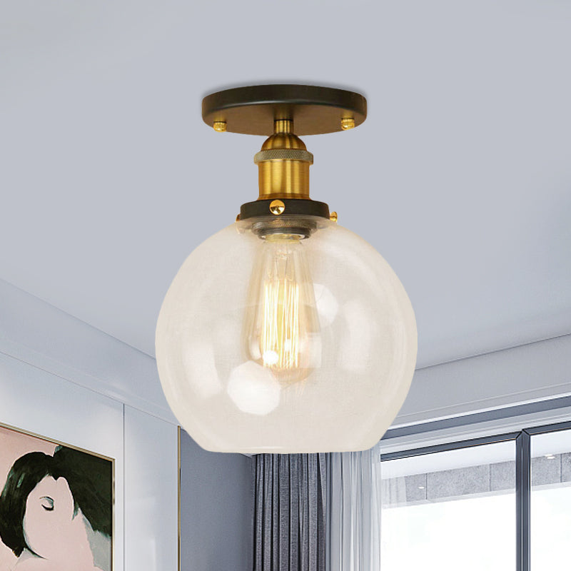 Plafonnier sphérique semi-affleurant industriel en verre transparent, une lumière, noir/laiton/cuivre, pour balcon