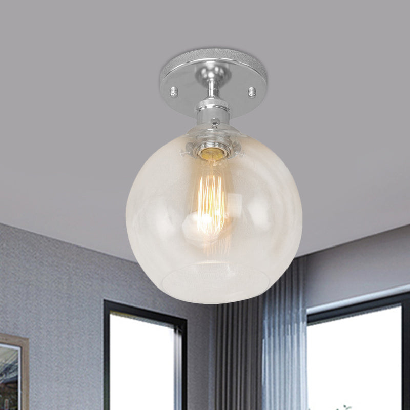 Plafonnier sphérique semi-affleurant industriel en verre transparent, une lumière, noir/laiton/cuivre, pour balcon