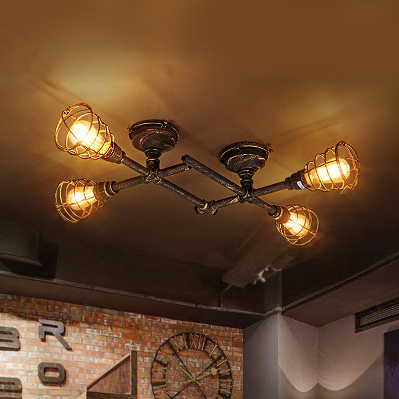 Jaula de alambre de latón, luz semiempotrada, hierro Industrial Vintage, 4/6/8 cabezales, iluminación de techo para sala de estar con tubo