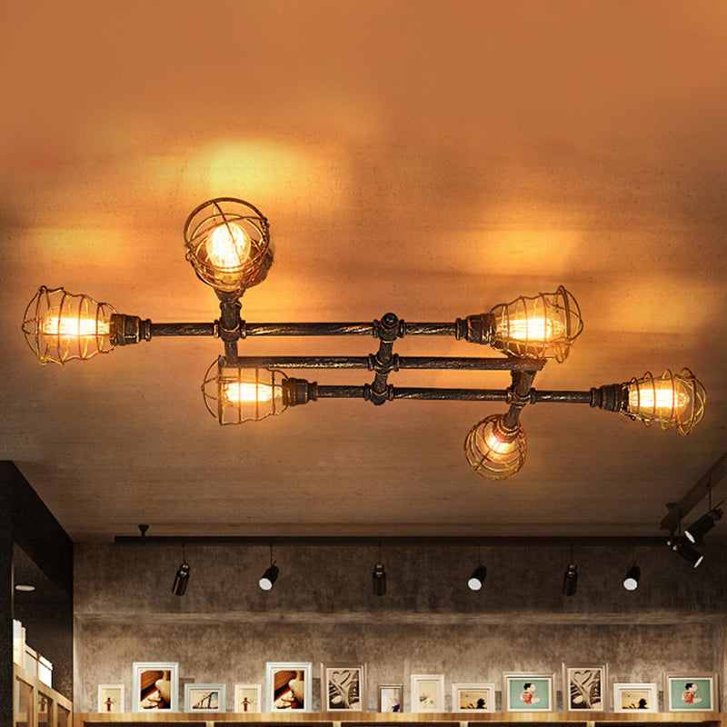 Jaula de alambre de latón, luz semiempotrada, hierro Industrial Vintage, 4/6/8 cabezales, iluminación de techo para sala de estar con tubo