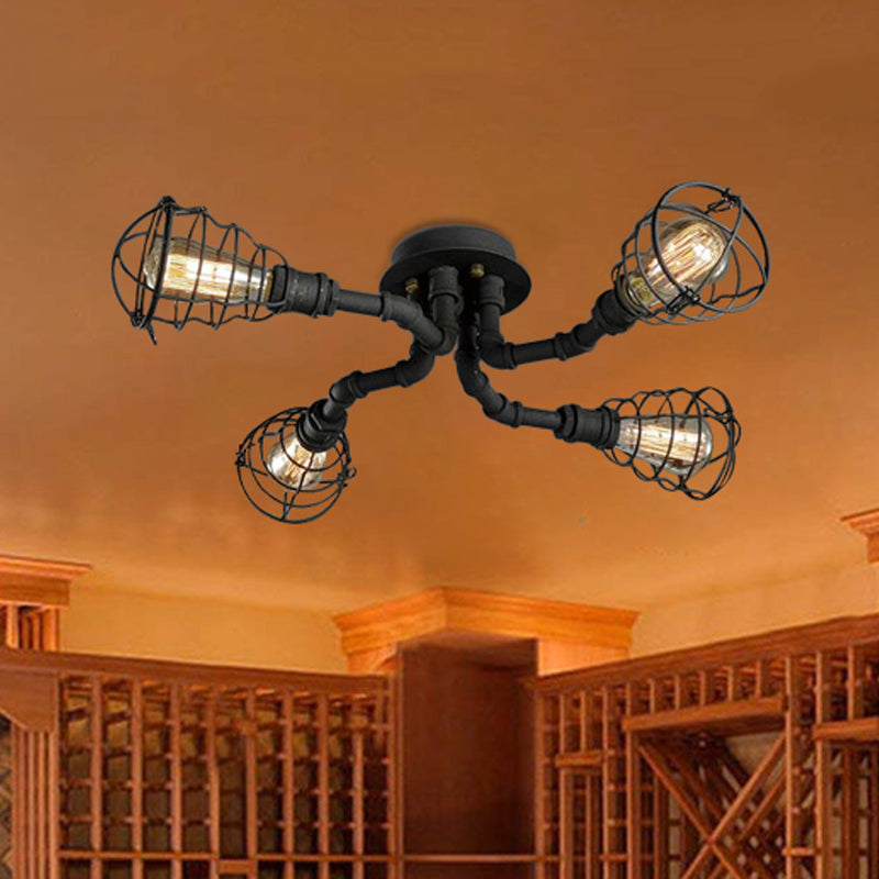Black/Bronze 4/6/8 Bulbs Ceiling Lamp Farmhouse Metal Twisted Pipe Semi Flush Light Fixture for Restaurant