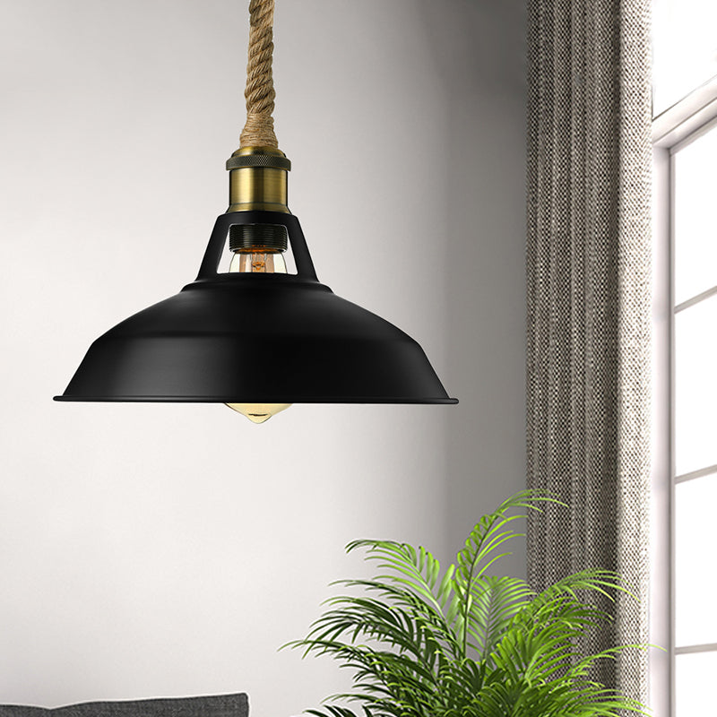 Barn Shade Living Room Pendant Lamp Industrial Style Metal 1 Light Black/White Ceiling Light Fixture with Hanging Rope