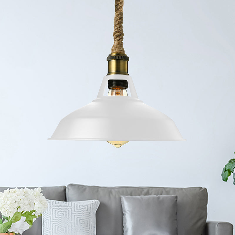 Barn Shade Living Room Pendant Lamp Industrial Style Metal 1 Light Black/White Ceiling Light Fixture with Hanging Rope