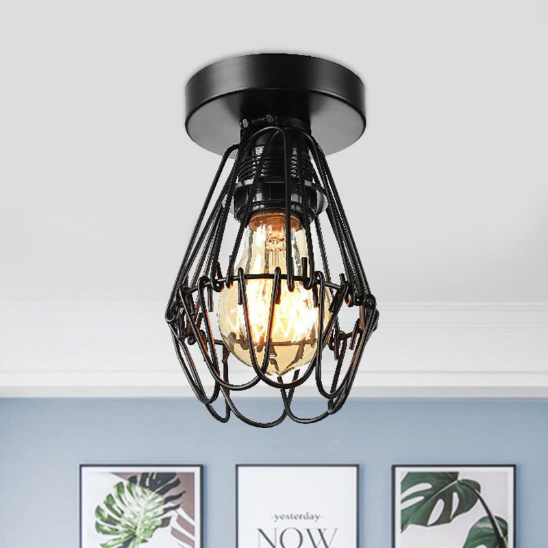 Suspension encastrée à cage industrielle avec motif pétale, éclairage de plafond en métal à 1 lumière en noir pour café