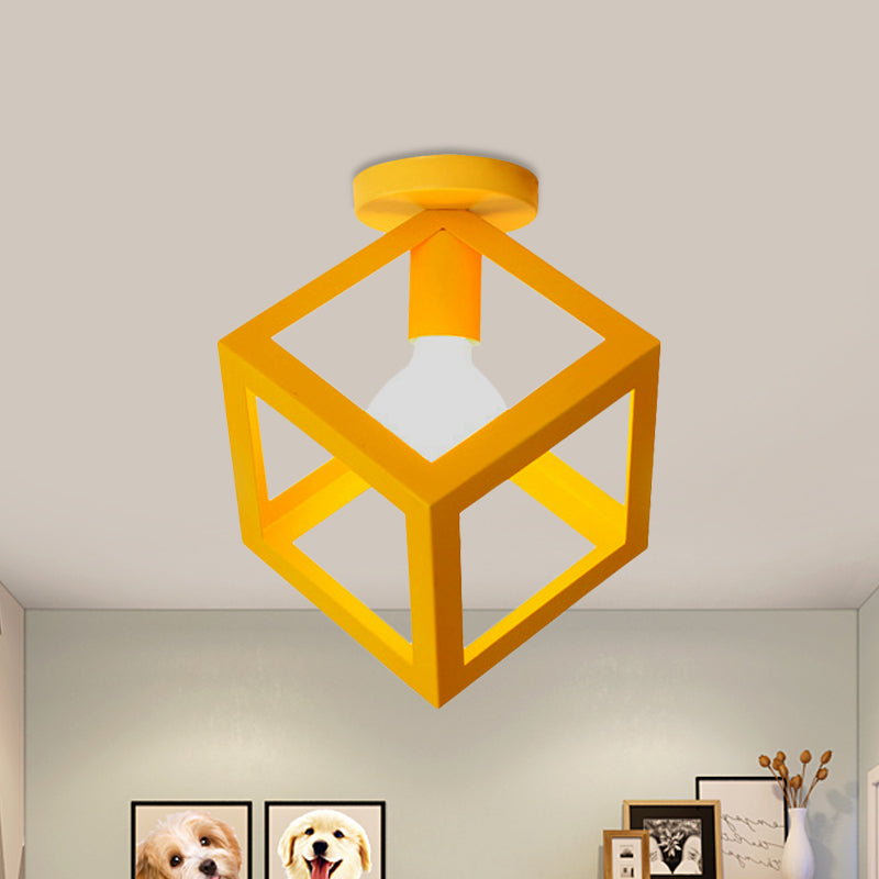 1 Light Squared Ceiling Mounted Light with Wire Guard Loft Style Black/Gray Metallic Semi-Flush Lighting for Bedroom