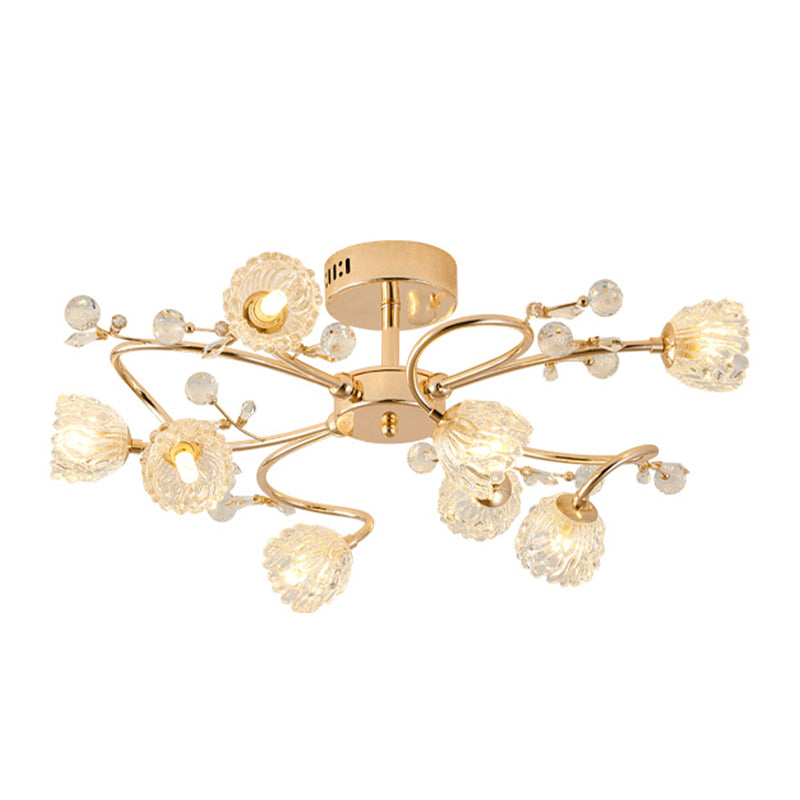 Lampe semi-affleurante en métal doré, éclairage de plafond traditionnel pour chambre à coucher avec abat-jour en verre fleuri
