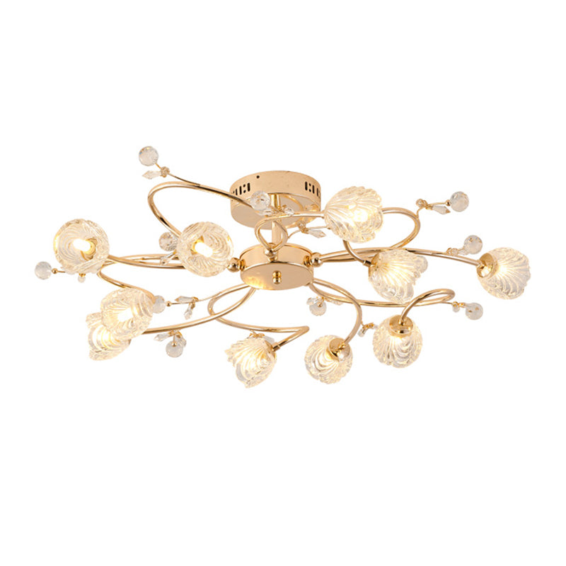 Lampe semi-affleurante en métal doré, éclairage de plafond traditionnel pour chambre à coucher avec abat-jour en verre fleuri