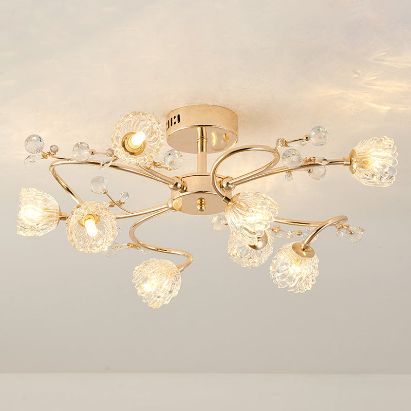 Lampe semi-affleurante en métal doré, éclairage de plafond traditionnel pour chambre à coucher avec abat-jour en verre fleuri