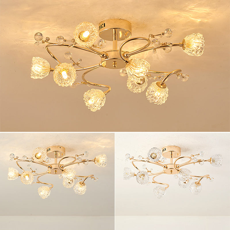 Lampe semi-affleurante en métal doré, éclairage de plafond traditionnel pour chambre à coucher avec abat-jour en verre fleuri