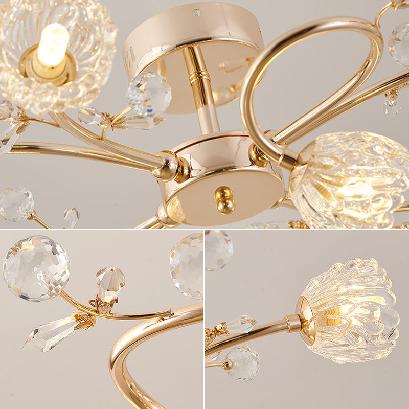 Lampe semi-affleurante en métal doré, éclairage de plafond traditionnel pour chambre à coucher avec abat-jour en verre fleuri