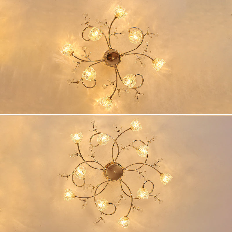 Lampe semi-affleurante en métal doré, éclairage de plafond traditionnel pour chambre à coucher avec abat-jour en verre fleuri