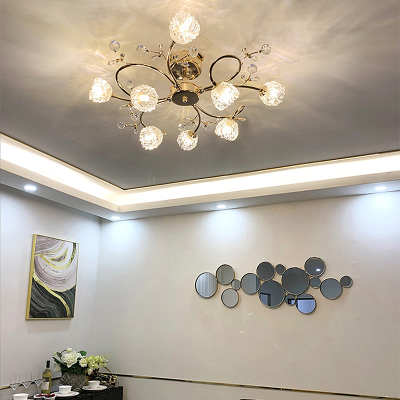 Lampe semi-affleurante en métal doré, éclairage de plafond traditionnel pour chambre à coucher avec abat-jour en verre fleuri