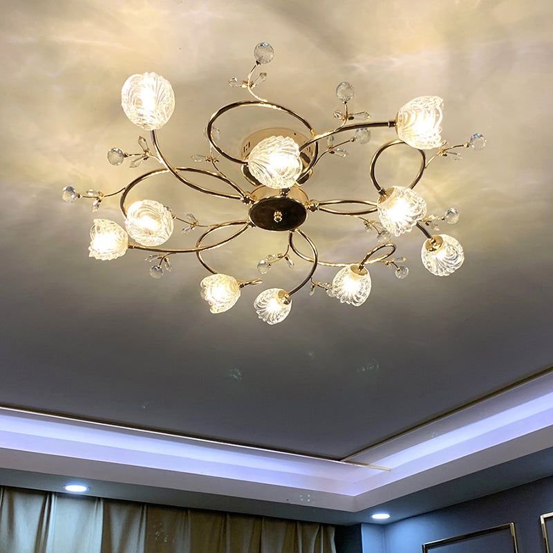 Lampe semi-affleurante en métal doré, éclairage de plafond traditionnel pour chambre à coucher avec abat-jour en verre fleuri