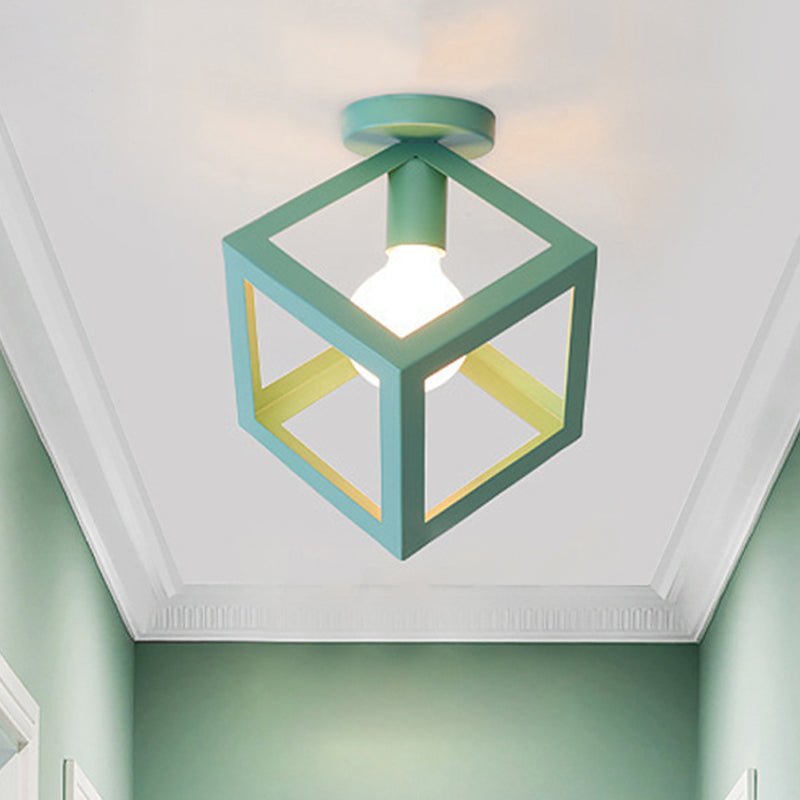 1 Light Squared Ceiling Mounted Light with Wire Guard Loft Style Black/Gray Metallic Semi-Flush Lighting for Bedroom