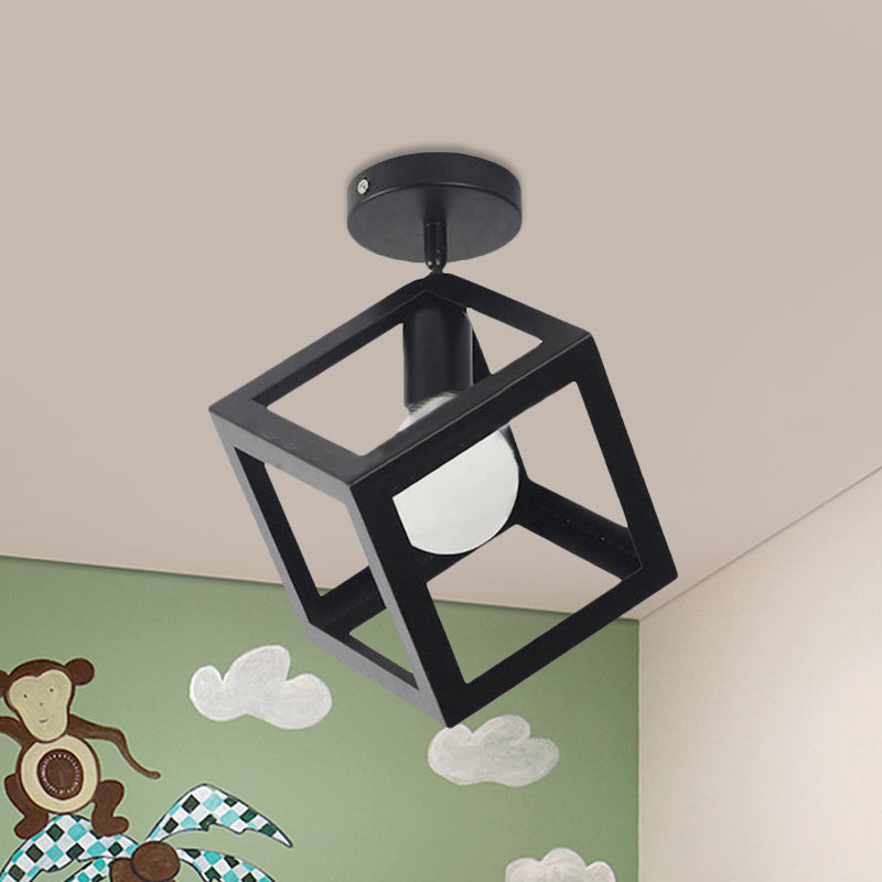 1 Light Squared Ceiling Mounted Light with Wire Guard Loft Style Black/Gray Metallic Semi-Flush Lighting for Bedroom
