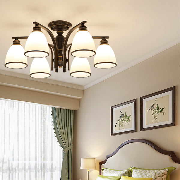 Lampe semi-encastrée en métal noir, éclairage de plafond traditionnel à plusieurs têtes avec abat-jour en verre cloche