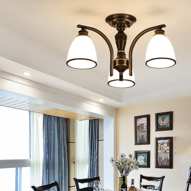 Lampe semi-encastrée en métal noir, éclairage de plafond traditionnel à plusieurs têtes avec abat-jour en verre cloche