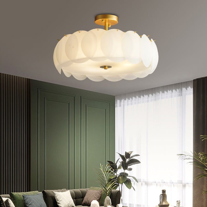 Gold Metal Semi Flush Lamp Modern Multi-Head Bedroom Ceiling Lighting with Glass Shade
