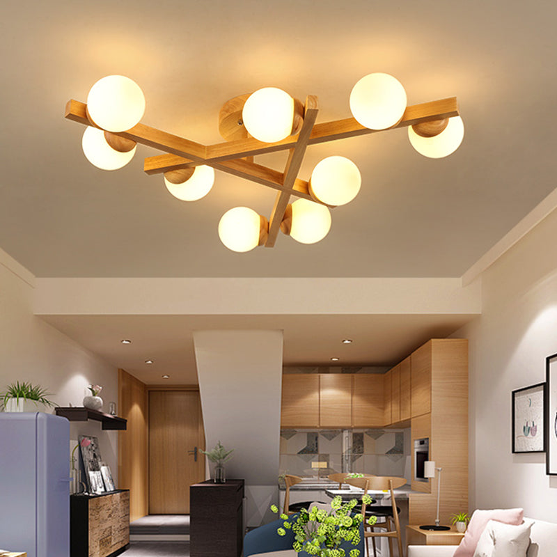 Luminaire semi-encastré en bois moderne, lampe semi-encastrée à plusieurs têtes pour chambre à coucher avec abat-jour en verre globe