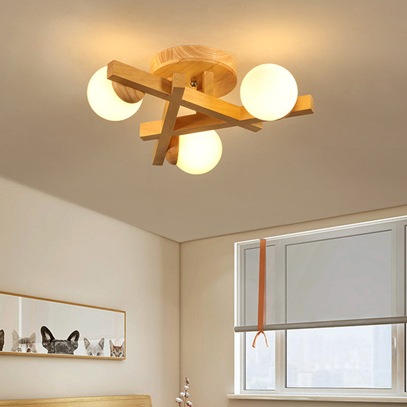 Luminaire semi-encastré en bois moderne, lampe semi-encastrée à plusieurs têtes pour chambre à coucher avec abat-jour en verre globe