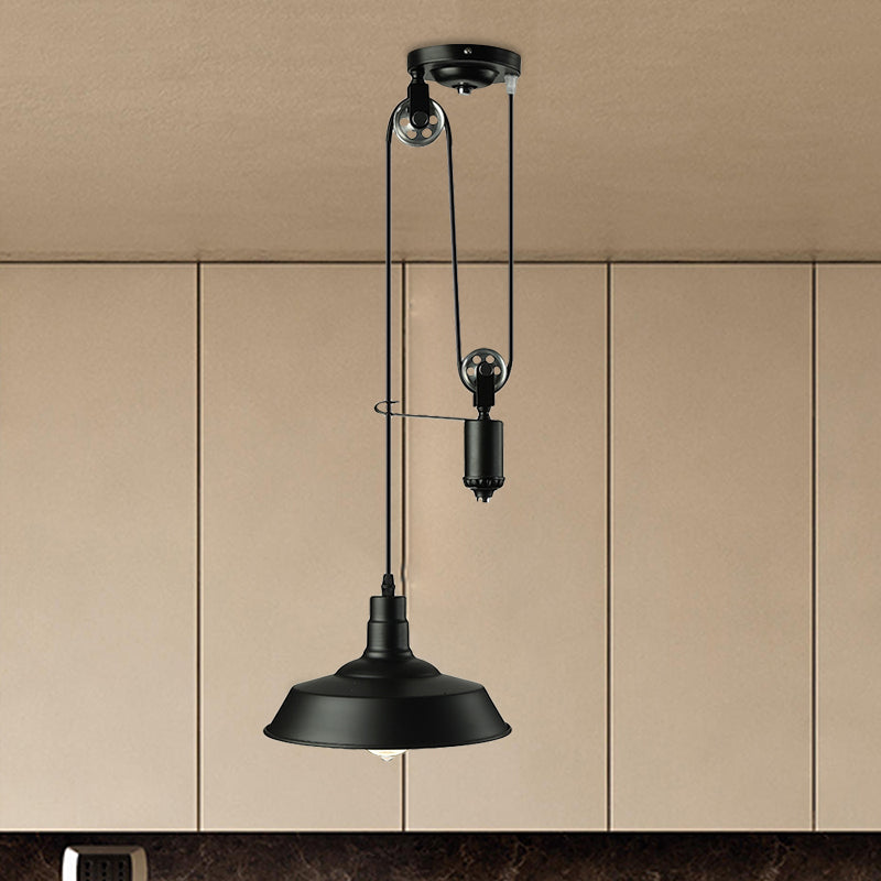 Farmhouse Pulley Pendant Light with Barn Shade 1 Bulb Metallic Hanging Lamp in Black for Kitchen