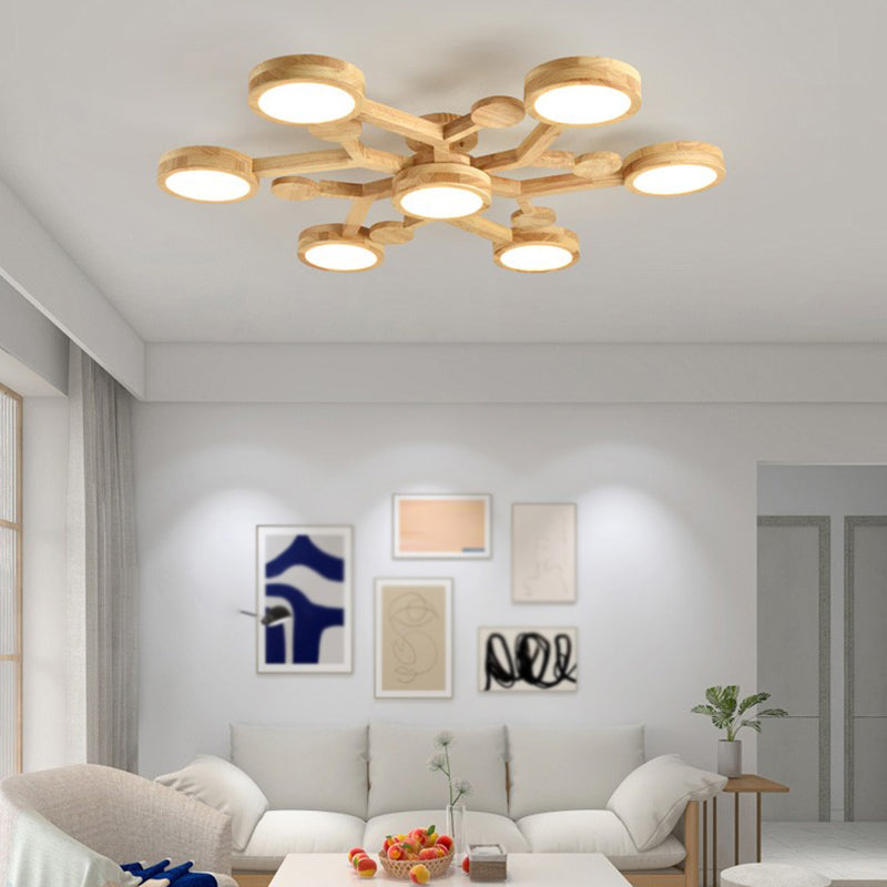 Plafonnier encastré de forme ronde en bois, éclairage encastré moderne multi-lumières en marron