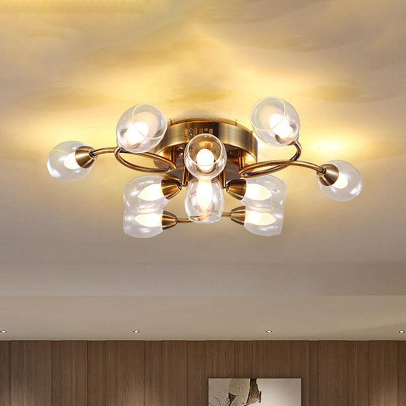 Abriseur en verre transparent contemporain Metal Semi Flush Plafond Light 10 lumières Gold Bedroom Plafond monté Aménagement