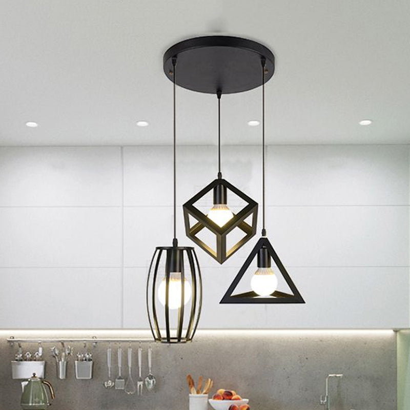 3 cabezas de iluminación colgante con diferentes tono de jaula metal retro lámpara colgante de cocina en negro, redondo/lineal