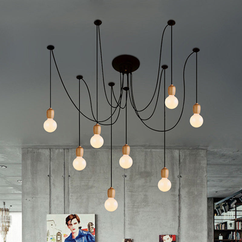 Black Swag Hanging Lamp with Exposed Bulb Industrial Wood 8/12 Lights Dining Room Pendant Lamp