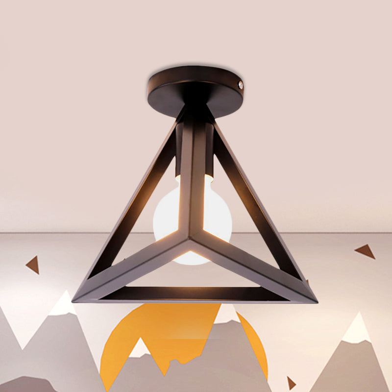 Lámpara de techo semi empotrada de jaula de alambre industrial retro con pantalla triangular Lámpara de techo de metal de 1 cabezal en negro/gris/blanco