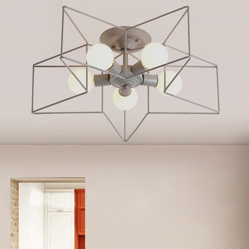 5 Bulbs Semi-Flush Ceiling Fixture with Star Cage Shade Metallic Loft Stylish Indoor Semi Flush Light in Grey/Pink