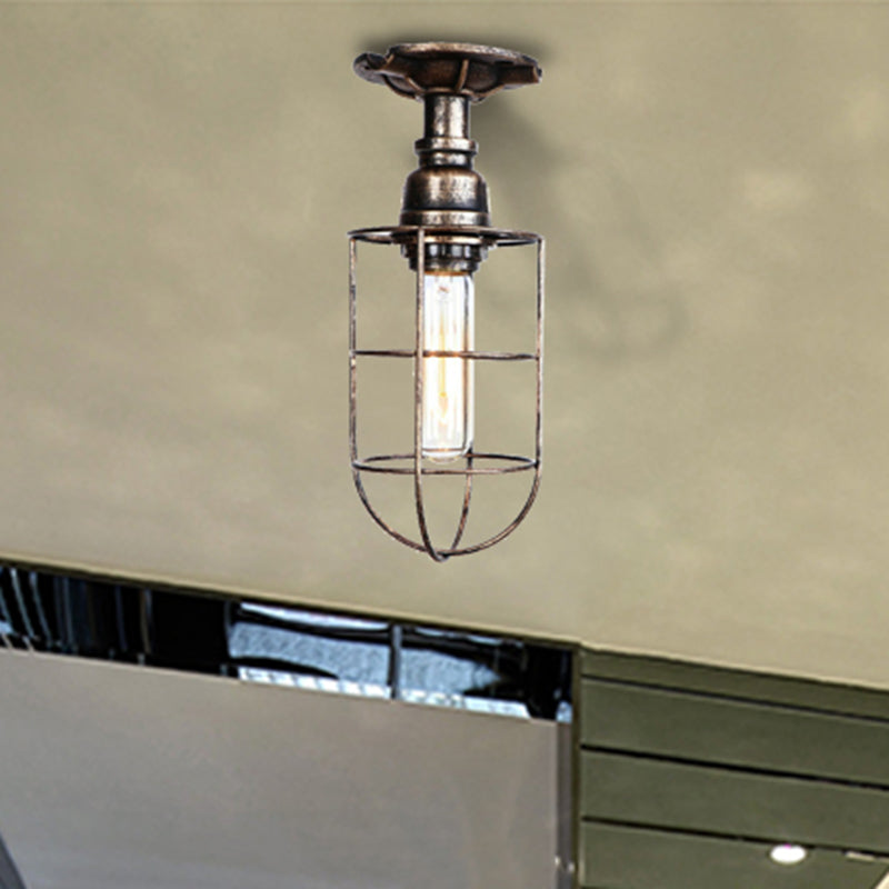 Black / Bronze 1 Bulb Semi-Flush Mount Light Vintage Metal Wire Guard Ceiling Mounted Light for Corridor