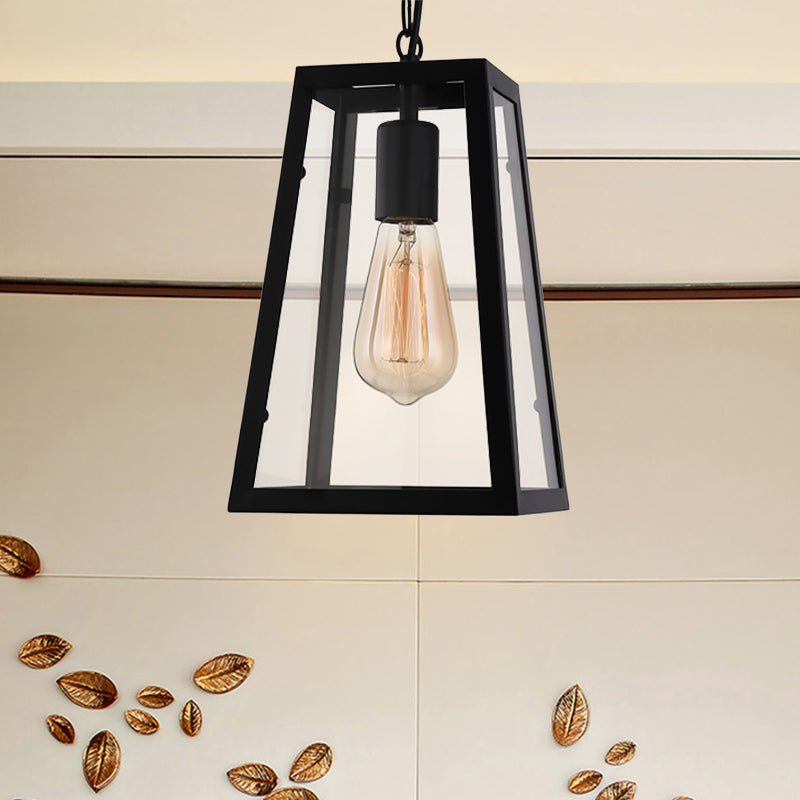 Industrial Trapezoid Pendant Lighting 1 Light Clear Glass Hanging Light Fixture in Black, 7" /12" Wide