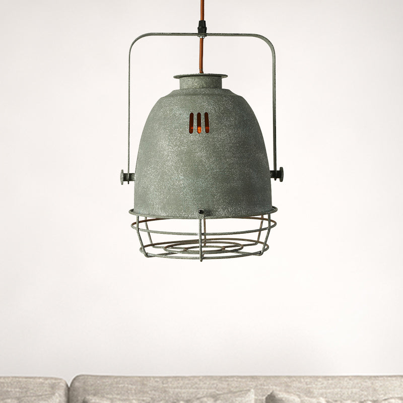 Wrought Iron Bell/Dome Shade Pendant Lighting Industrial 1 Light Living Room Hanging Lamp with Wire Guard in Grey