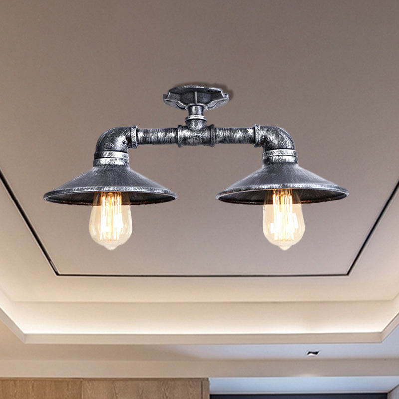 Platillo de hierro forjado, lámpara semiempotrada, estilo industrial, 2 luces, lámpara de montaje en techo para sala de estar, en bronce/plata envejecida