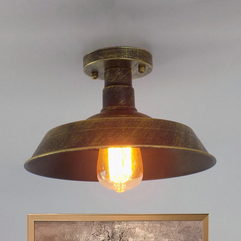 Farmhouse Barn Shade Semi-Flush Mount 1 Head Wrought Iron Ceiling Light Fixture in Aged Silver/Weathered Copper