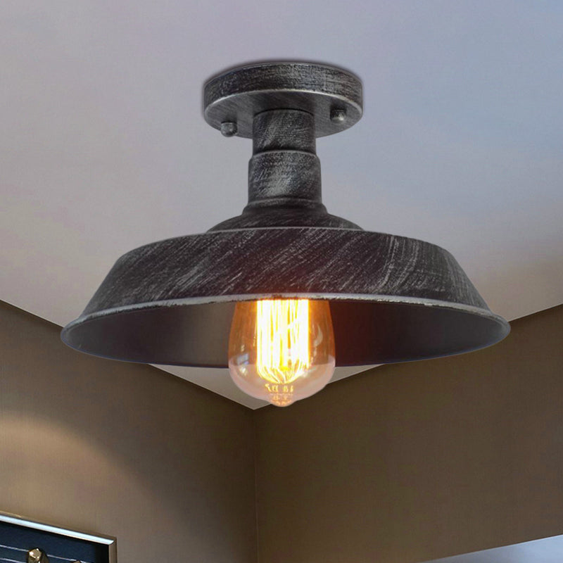 Farmhouse Barn Shade Semi-Flush Mount 1 Head Wrought Iron Ceiling Light Fixture in Aged Silver/Weathered Copper