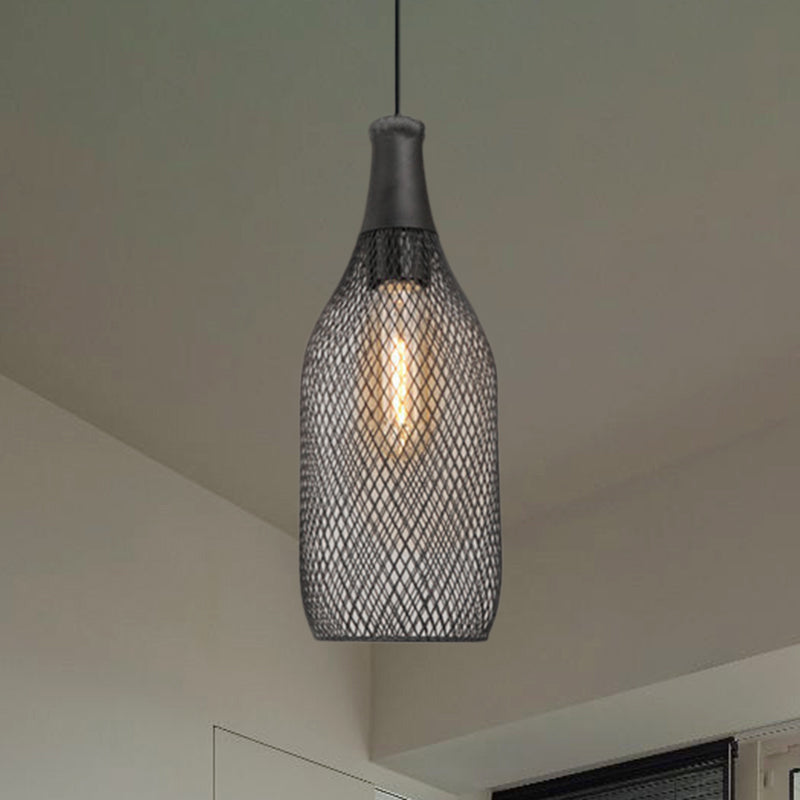 Wire Mesh Metal Pendant Lighting Industrial One Bulb Dining Room Height Adjustable Hanging Lamp in Black