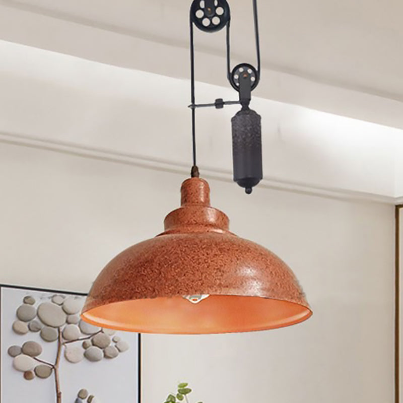 Rustic Industrial Dome Hanging Lamp with Pulley 1 Light Metal Pendant Light Fixture in Brown/Grey for Living Room