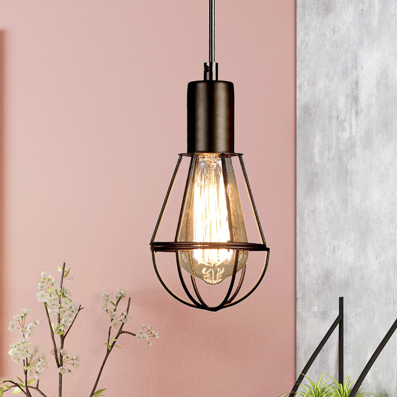Black Small Cage Pendant Light Industrial Vintage Metallic 1 Head Living Room Hanging Lamp